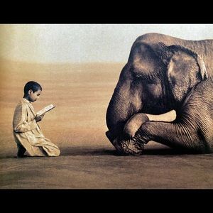 New “Boy Reading to an Elephant” sepia on canvas